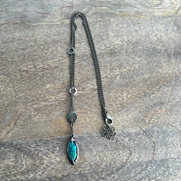 Long Dichroic Peacock Blue Shimmery Pendant Necklace on Silver Adjustable Chain - Picture 3 of 9